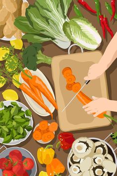 a person cutting carrots on a cutting board surrounded by vegetables and other food items