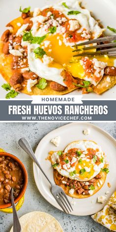 two plates with mexican food on them and the title reads homemade fresh huevo's rancheros