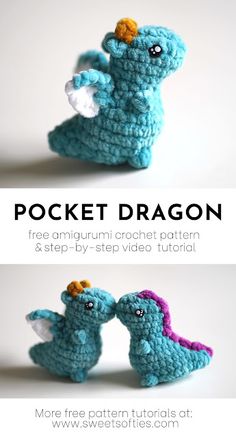 two crocheted blue and pink stuffed animals with text overlay that says pocket dragon