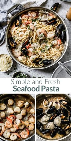 seafood pasta with shrimp, clams and mussels in a skillet