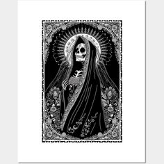 a black and white drawing of a skeleton wearing a veil