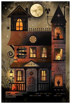 a halloween house with the moon in the background