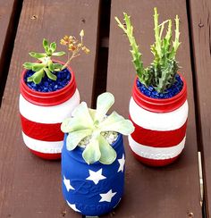 two red, white and blue pots with plants in them