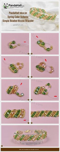 instructions to make beaded bracelets with green beads and gold chain on the side