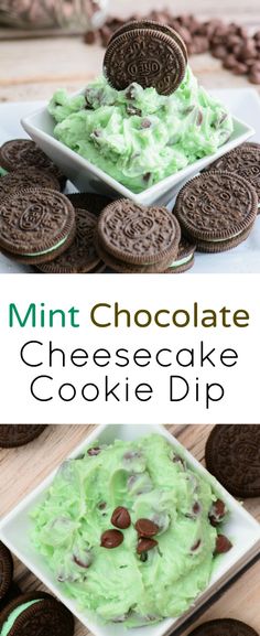 mint chocolate cheesecake cookie dip on a plate with oreos and cookies in the background