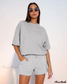 OliviaMark - Fashionable Urban Casual Solid Color Short Sleeve Round Neck Pullover Top and Shorts Set Short Solid Color Cotton Tops, Casual Gray Relaxed Fit Sets, Casual Gray Sets With Relaxed Fit, Relaxed Fit Leisure Sets For Spring, Relaxed Fit Short Sets With Pockets, Relaxed Fit Short Set For Spring, Casual Short Sets With Pockets, Solid Color Short Top For Summer, Summer Solid Color Short Top