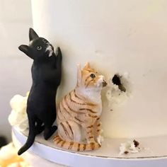 two cats on top of a white cake next to each other, one black and one orange