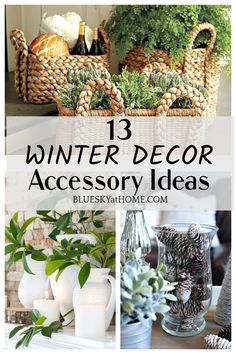 three baskets filled with plants and pine cones on top of a table next to candles