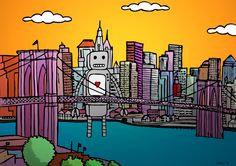 a drawing of a robot standing on the edge of a bridge in front of a city