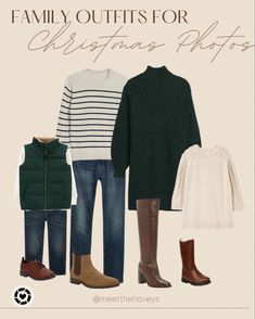 family outfits for christmas photos with text overlay that reads, family outfits for christmas photos