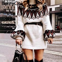 Geometric Print Knitted Women Turtle Neck Pullover Sweater Dress Price: 49.69 & FREE Shipping #dailyoutfit Elegant White Dress, Fall Sweater Dress, Womens Knit Dresses, Dress Sale, White Dresses For Women, Long Sleeve Print Dress, Vestidos Vintage, Sweater Dress Women, Knitted Dress