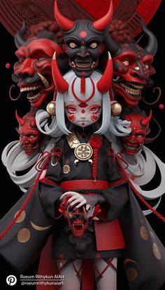 a woman dressed in red and black with two demon heads on her head, standing next to other demonic creatures