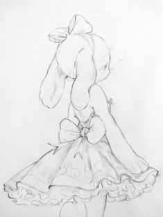 a pencil drawing of a girl in a dress with a teddy bear on her back