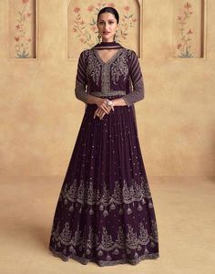 Wine Embroidered Anarkali Kurta and Dupatta Set Purple Anarkali, Anarkali Designs, Anarkali Dresses, Georgette Anarkali, Silk Anarkali, Gown With Dupatta, Gown Party Wear, Saree Gown, Lehenga Style