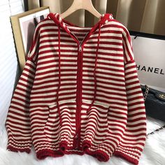 deanwangkt Autumn Winter Red Stripes Hooded Knit Cardigan Woman Korean – DEANWANGKT