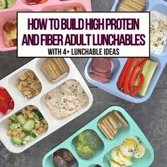 the lunch box is filled with different types of food and has text overlay that reads how to build high protein and fiber adult lunches