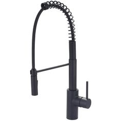 a black kitchen faucet with an adjustable spout