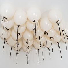 white balloons tied to the wall with black string and bow on them, all lined up in a row