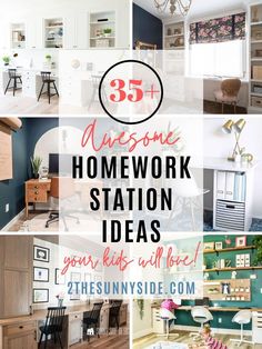 there are many different pictures with the words awesome homework station ideas on them, including desks and chairs