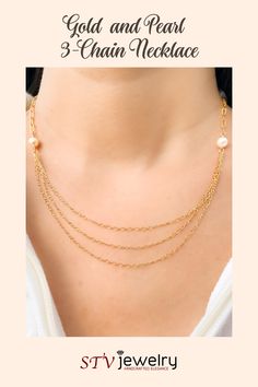 A modern layered look in one single necklace! The top part of the necklace is a single strand of a paperclip chain, and the bottom portion consists of three varying lengths of cable chain. Two white round freshwater pearls and two freshwater rice pearls complete the look! #trendygoldnecklace #layerednecklaces #handmadegoldjewellery #chainnecklacewomen #mixedchainnecklace Delicate Pearl Chain Necklace For Layering, Dainty Pearl Chain Necklace For Layering, White Multi-strand Layered Necklace With Adjustable Chain, White Multi-strand Double Chain Necklace, Everyday White Cable Chain Necklace, White Double Strand Layered Necklace With Delicate Chain, Dainty White Chain Necklace For Layering, White Delicate Chain Necklace For Layering, Chic White Paperclip Chain Necklace