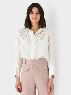 DESCRIPTION:A lightweight button-down shirt featuring a delicate, eyelet-embroidered yoke.FEATURES:Spread CollarDropped ShoulderEyelet Embroidered YokeButton CuffsButton-Down Placket70% Cotton, 30% SilkClassic FitModel is wearing size Small shirt.Model's Measurements: Height: 5'9.5" | Bust: 32B | Waist: 25" | Hips: 36" | Dress Size: 2-4 (US) Summer Button-up Shirt With Broderie Anglaise, Summer Daywear Shirt With Broderie Anglaise, Summer Broderie Anglaise Shirt For Daywear, Daywear Eyelet Button-up Top, White Button-up Eyelet Blouse, White Eyelet Button-up Blouse, White Button-up Shirt With Broderie Anglaise, Summer Button-up Blouse With Broderie Anglaise, Casual Broderie Anglaise Shirt For Daywear