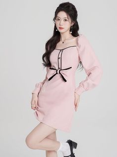 ❤Sweet Baby Pink Waist Square Neck Dress❤︎ Pink Mini Dress With Fitted Bodice And Square Neck, Chic Square Neck Pink Mini Dress, Luxury Pink Square Neck Mini Dress, Flowy Square-neck Pink Mini Dress, Kawaii Pink Mini Length Dress, Pink M, Square Neck Dress, French Dolls, Square Neck