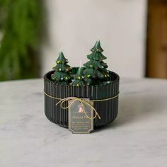 two small christmas trees are in a black container on a white table with a gold ribbon around it