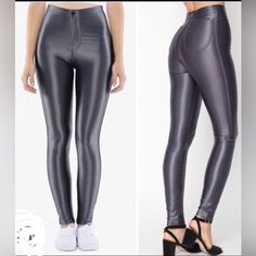 Nwt.American Apparel .The Original Disco Pants Still Made In Los Angeles Ca. Still Sweatshop Free.These Pants Feature A Classic High Rise Waist And Are Fitted . Throughput. Color Charcoal Msrp.$ 85.00 Sleek Fitted Metallic Bottoms, Fitted High Rise Metallic Bottoms, Metallic High Rise Fitted Bottoms, Trendy Fitted Metallic Bottoms, Fitted Leggings With Pockets For Night Out, Trendy High Rise Metallic Bottoms, Metallic High Rise Party Bottoms, Metallic High Waist Fitted Bottoms, Fitted Party Pants With Pockets