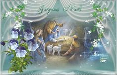 an image of the birth of jesus with flowers in front of him and his family