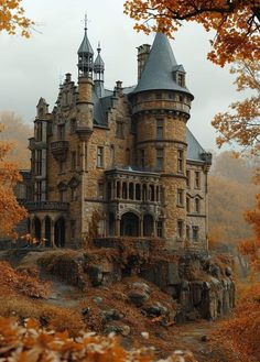 an old castle is surrounded by trees and leaves