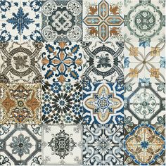 an assortment of decorative tiles with different designs on the sides and bottom, all in various colors