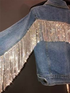 Fringe Denim Jacket, Short Denim Jacket, Rhinestone Outfit, Taylor Swift Tour Outfits, Denim And Diamonds, Rhinestone Fringe, Long Sleeve Denim Jacket, Taylor Swift Outfits