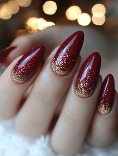 New Years Holiday Nails, Red New Year Nails, Nails Christmas And New Years, Red And Gold New Years Nails, Red And Gold Manicure, Red Nails Silver Glitter, Modern Christmas Nails Design, Almond Shaped Holiday Nails, Short Stiletto Christmas Nails