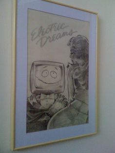 a drawing of a woman sitting in front of a tv with the words electric dreams on it