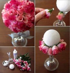 flowers are arranged in wine glasses and vases to make an arrangement for the bride's bouquet