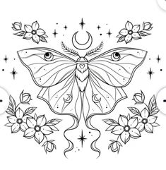 a black and white drawing of a butterfly with flowers on it's wings, surrounded by stars