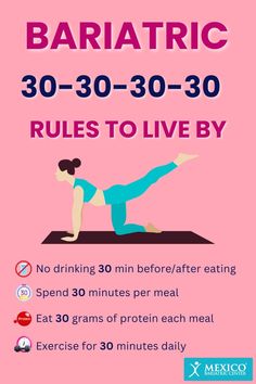 Here's the secret to bariatric success with our 4x30 Bariatric Rule! 🌟 30 minutes to savor each meal, 30 grams of protein per plate, and 30 minutes of daily fun-fueled exercise. Also, no sipping within 30 minutes of eating to dodge those pesky side effects! Exercises For Bariatric Patients, Bariatric Exercise Plan, Bariatric Before And After Pictures, Bypass Surgery Diet, Sleeve Surgery Diet, Bariatric Recipes Sleeve Liquid Diet, Bariatric Tips, High Protein Bariatric Recipes