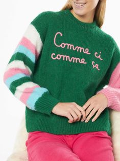 Woman boxy shape soft sweaterComme ci comme ça embroideryGreen with multicolor pink sleevesCrewneckSaint Barth embroidery on the sleeveComposition: 20% Alpaca - 35% Polyamide - 45% Acrylic Fall Sweater With Embroidered Text, Trendy Winter Sweater With Embroidered Text, Trendy Embroidered Sweater For Winter, Trendy Pink Embroidered Sweater, Green Long Sleeve Sweater With Embroidered Text, Pink Long Sleeve Sweater With Embroidered Text, Pink Crew Neck Sweater With Embroidered Text, Long Sleeve Pink Sweater With Embroidered Text, Saint Barth