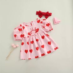 Cute Pink Valentine's Day Dress, Cute Red Sets For Birthday, Cute Pink Dress For Valentine's Day, Sweet Pink Sets For Birthday, Sweet Pink Birthday Set, Sweet Pink Birthday Sets, Cute Pink Gift Sets, Cute Short Sleeve Sets For Birthday, Pink Heart Print Dress For Valentine's Day