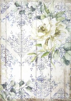 a painting with flowers and leaves on the side of a wooden paneled wall,