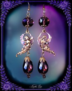 "This listing is for the silver version, the brass is temporarily sold out. This delicate pair of Handmade Earrings is made with Amethyst Purple crystal teardrops hanging from Guardian Angel stampings. Swarovski rhinestones add a touch of sparkle! Pierced with french wires (as shown), leverbacks, clip-ons or posts, just select from the pull-down menu. -4\" Long x 1\" Wide -0.1 oz. ea. Metal Finishes Available: -Antique Brass (as pictured) -Silver Colors Available: -Amethyst Purple (as pictured) Fairy Style Dangle Jewelry For Party, Fantasy Chandelier, Fantasy Guardian, Twin Angels, Small Gold Hoop Earrings, Diamond Shape Earrings, Angel Earrings, Angel Jewelry, Small Gold Hoops