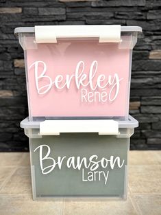 two plastic containers with the words berkley rene and branon lary on them