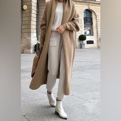 Zara Tan Ribbed Knit Long Coat Cardigan Jacket Brand New Without Tags Size Small Sold Out Everywhere Open Coat With A Lapel Collar And Long Sleeves No Returns Minimalistic Outfits, Look Zara, Minimalistic Style, Street Style Winter, Neutral Outfit, White Boots, 가을 패션, Looks Style, White Pants