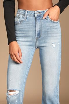 Freshen up your jeans-and-tees-'fits with the Just Black Extra Trendy Medium Wash Distressed High-Waisted Slim Leg Jeans! Lightly stretchy denim shapes these cool, faded jeans with slim pants legs, distressing throughout, and a high-rise fit. Cropped raw hems. Five-pocket cut. Top button and hidden zipper fly. Fabric: Fabric has some stretch. Unlined. 93% Cotton, 5% Polyester, 2% Spandex. Machine Wash Cold. Dark Colors Separately. Do Not Bleach. Tumble Dry Low. Dry Cleaning Possible. Made with L Comfy Jeans, Comfortable Jeans, Faded Jeans, Lulu Fashion, Slim Pants, Slim Legs, Leg Jeans, Ankle Length, Cropped Jeans