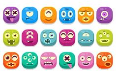 an assortment of different colored cartoon faces with various expressions and shapes, including eyes, nose,