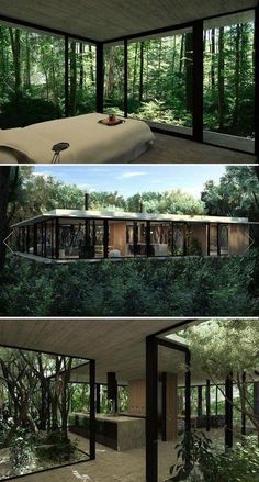 four different views of the inside and outside of a house in the woods with trees