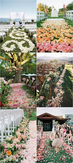 the wedding ceremony is decorated with flowers and petals