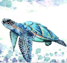 a watercolor painting of a turtle swimming in the ocean with blue and green colors