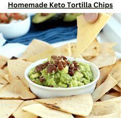 homemade keto tortilla chips with guacamole and bacon