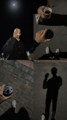 people are standing around and taking pictures with their cell phones at night, while one person is holding a coffee cup in the other hand